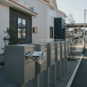 日本の明るい住宅街のポストに、カラフルなチラシが投函されている様子。
