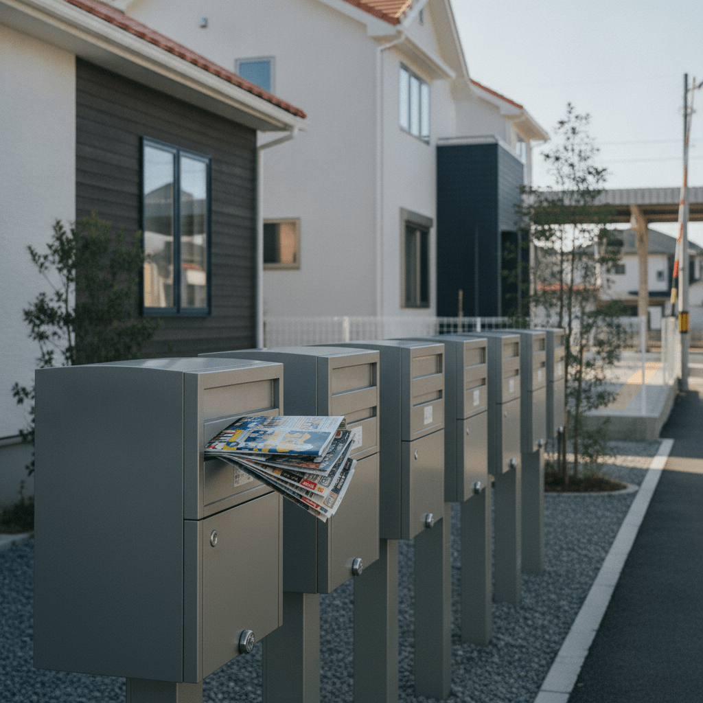 日本の明るい住宅街のポストに、カラフルなチラシが投函されている様子。