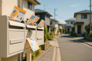 市川の明るい住宅街の郵便受けにリフォームチラシが届く様子