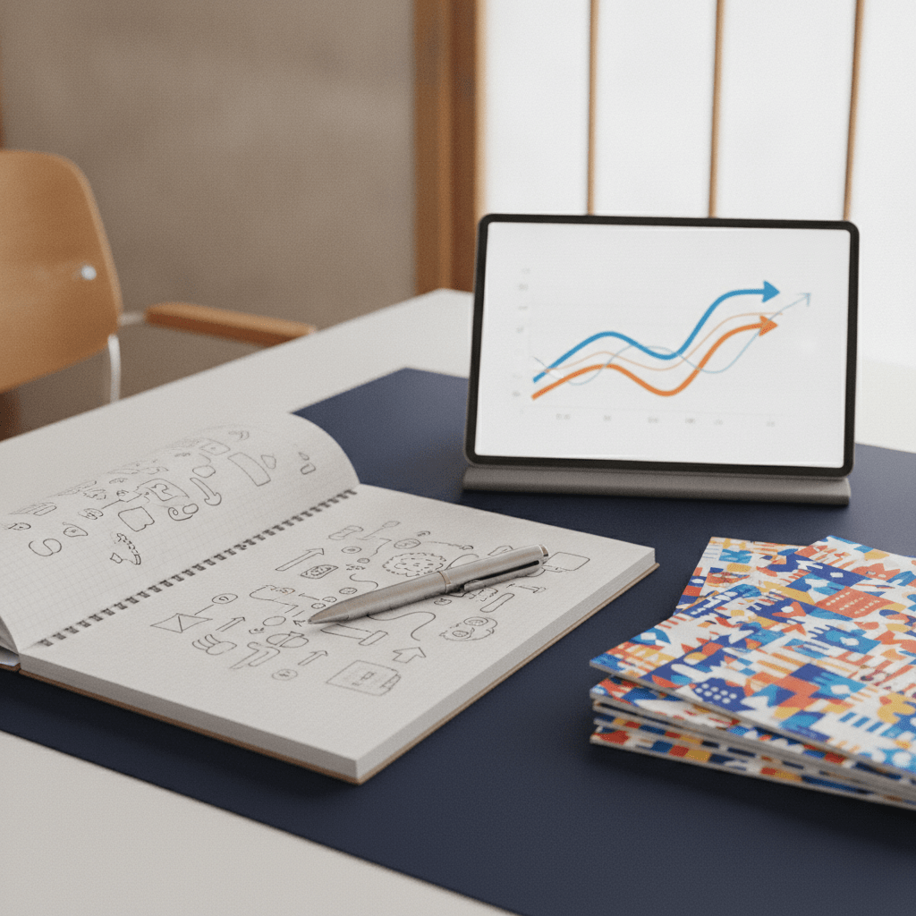 マーケティング計画のノートと成果を示すタブレット
