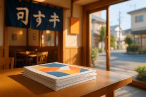 明るい浦安の飲食店エントランスに置かれたカラフルなチラシ。