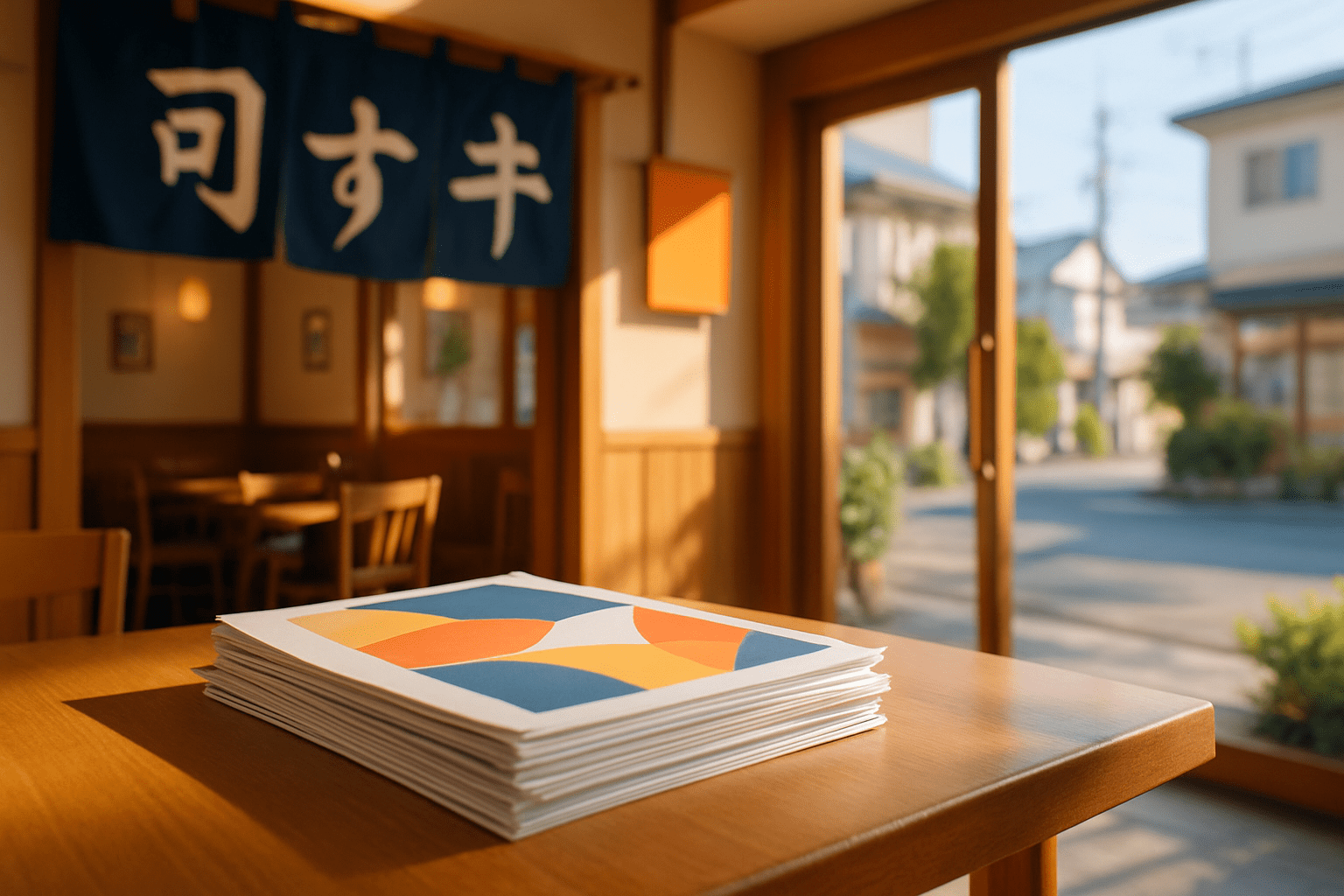 明るい浦安の飲食店エントランスに置かれたカラフルなチラシ。