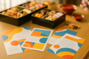温かい日本食の背景に年末販促チラシが並ぶ机の画像
