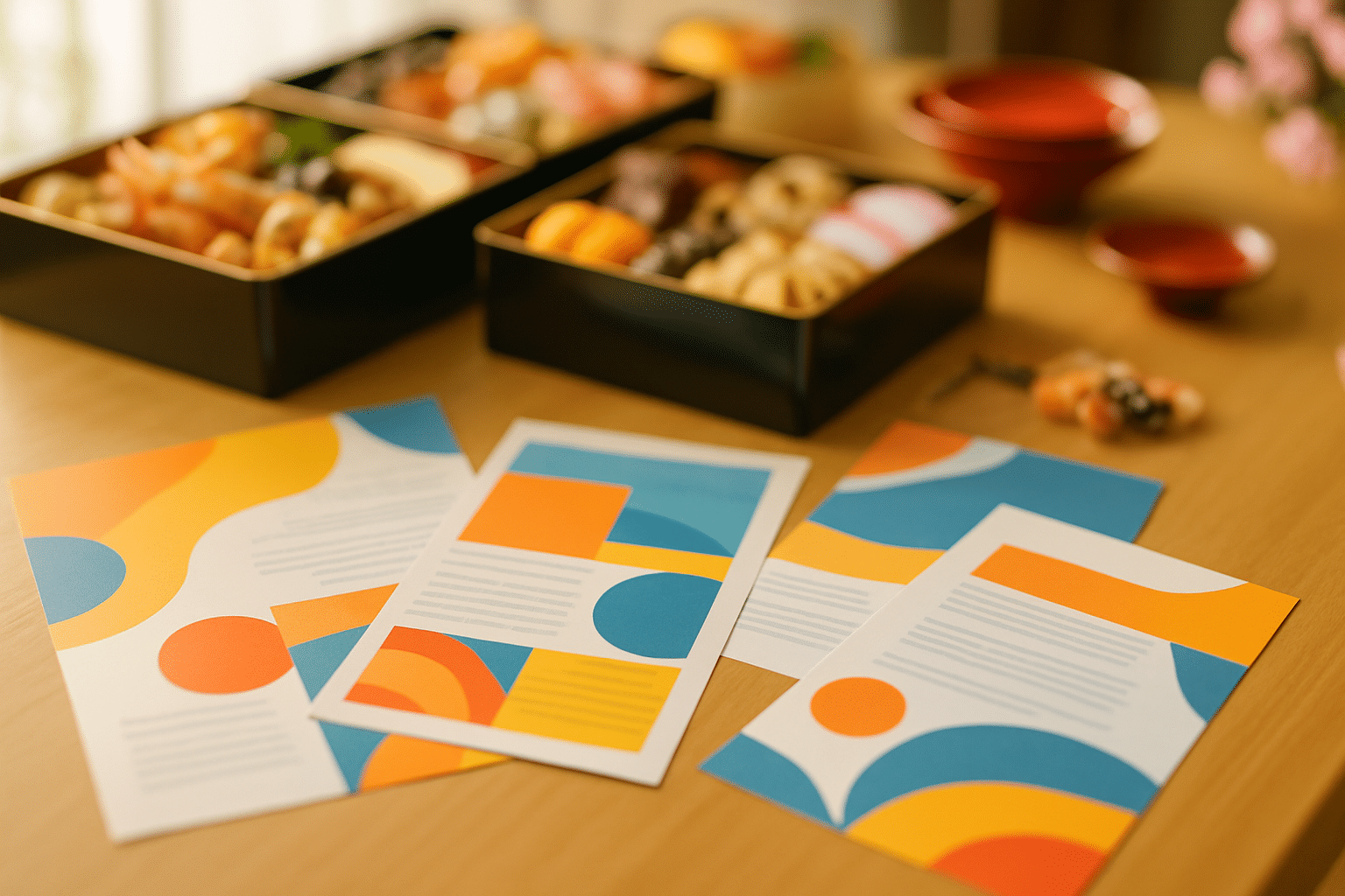 温かい日本食の背景に年末販促チラシが並ぶ机の画像