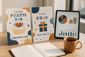 クリスマスギフトの予約販促計画を立てる明るいオフィスデスク。