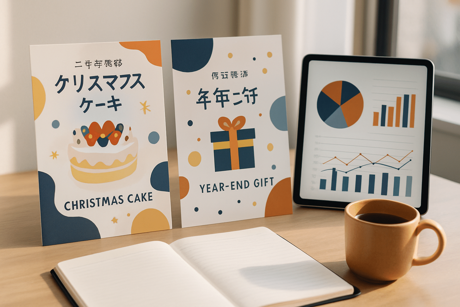 クリスマスギフトの予約販促計画を立てる明るいオフィスデスク。