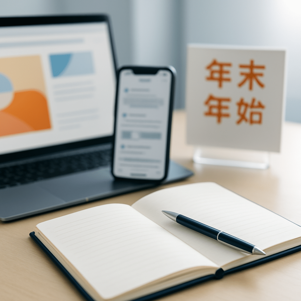 複数の情報源(PC,スマホ,貼り紙)と、情報整理用のノート。情報伝達の課題を表現。