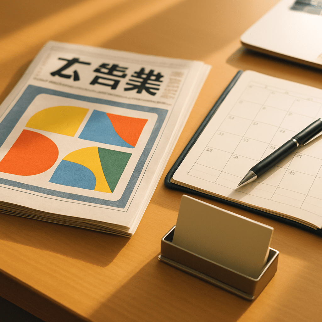 地域紙広告とスケジュール帳、名刺入れが置かれたデスク。確実な情報発信と相談をイメージ。
