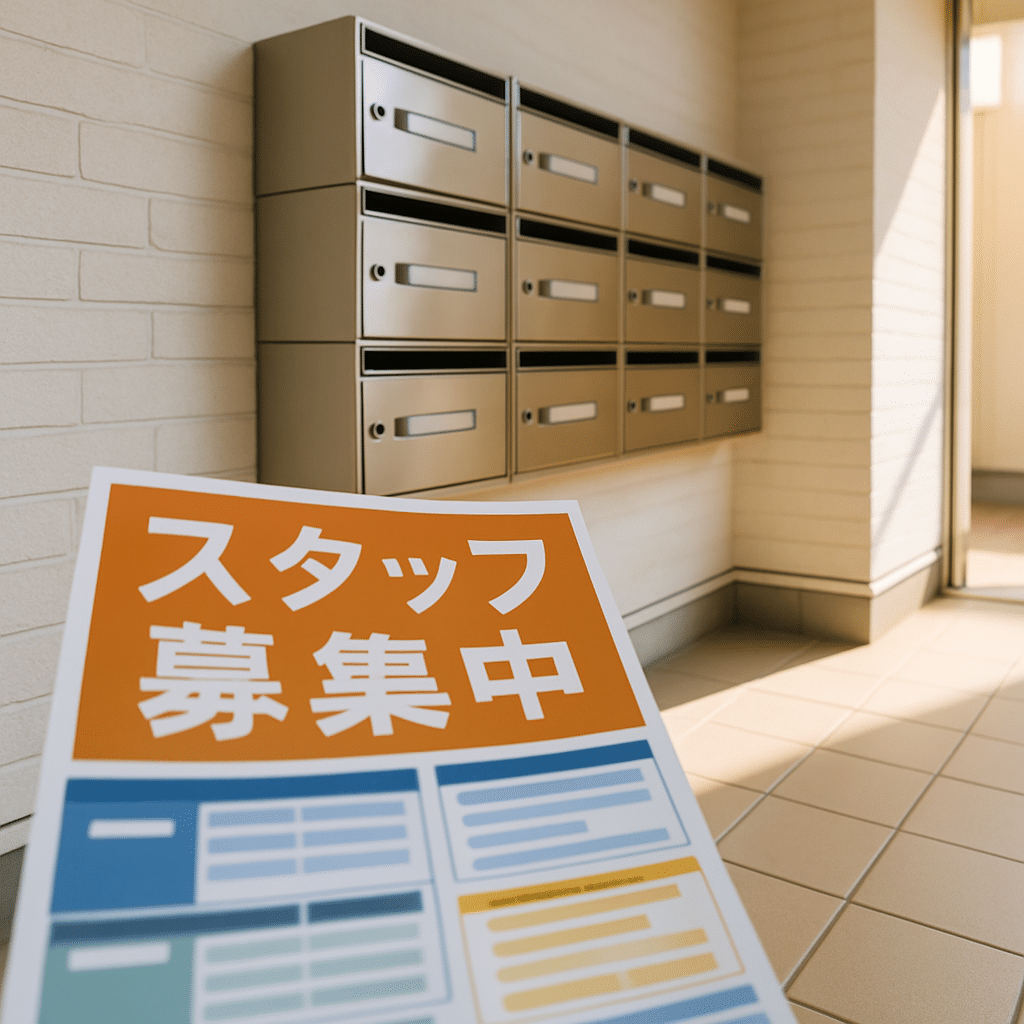 ポスティングされる色鮮やかな求人チラシと集合ポスト